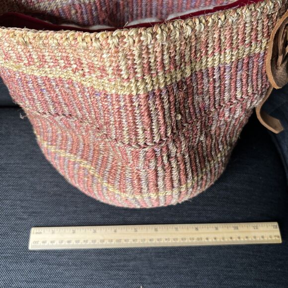 Vintage Sisal Striped Bucket Shoulder Bag Pink Adjustable Leather Strap READ - Picture 4 of 11